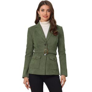 Faux Suede Blazer Belted Lapel Outwear Single Breasted Boho Jacket Army Green